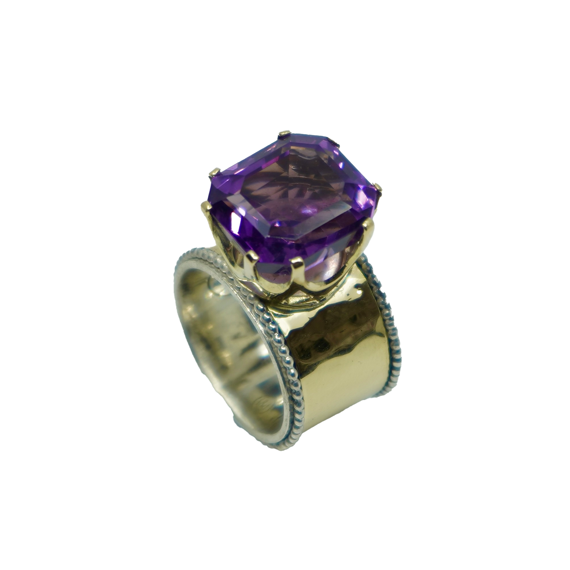 14K GOUDEN RING MET ZILVERDRAAD EN PAARSE STEEN