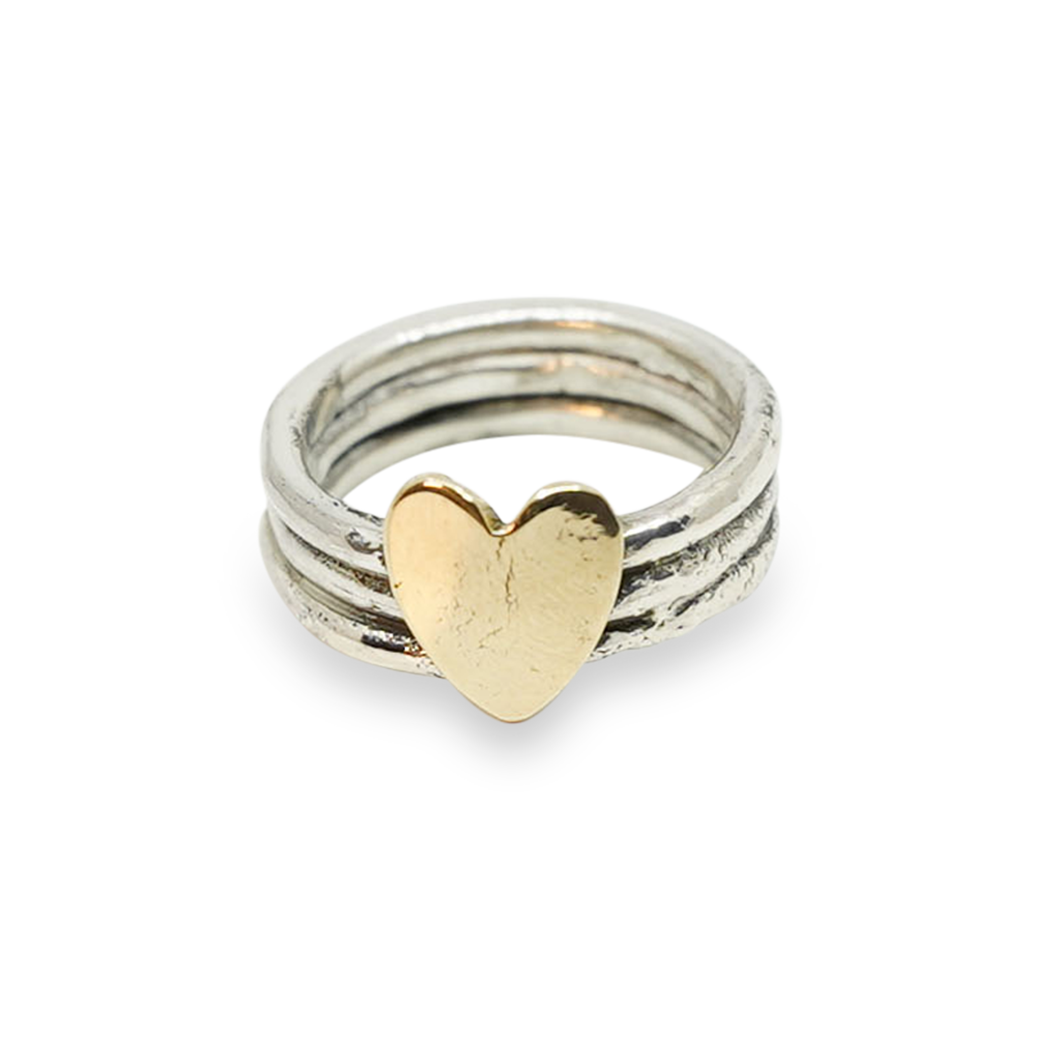 SET VAN 3 ZILVEREN RUWE RINGEN MET GOUDEN HARTJE