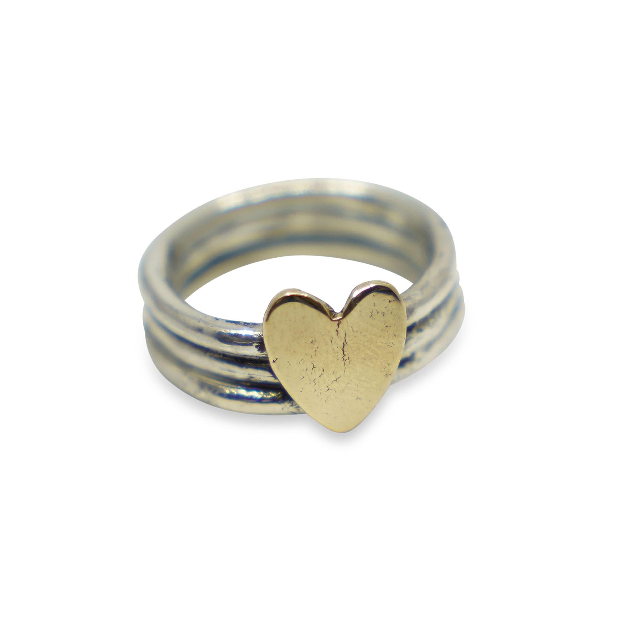 SET VAN 3 ZILVEREN RUWE RINGEN MET GOUDEN HARTJE