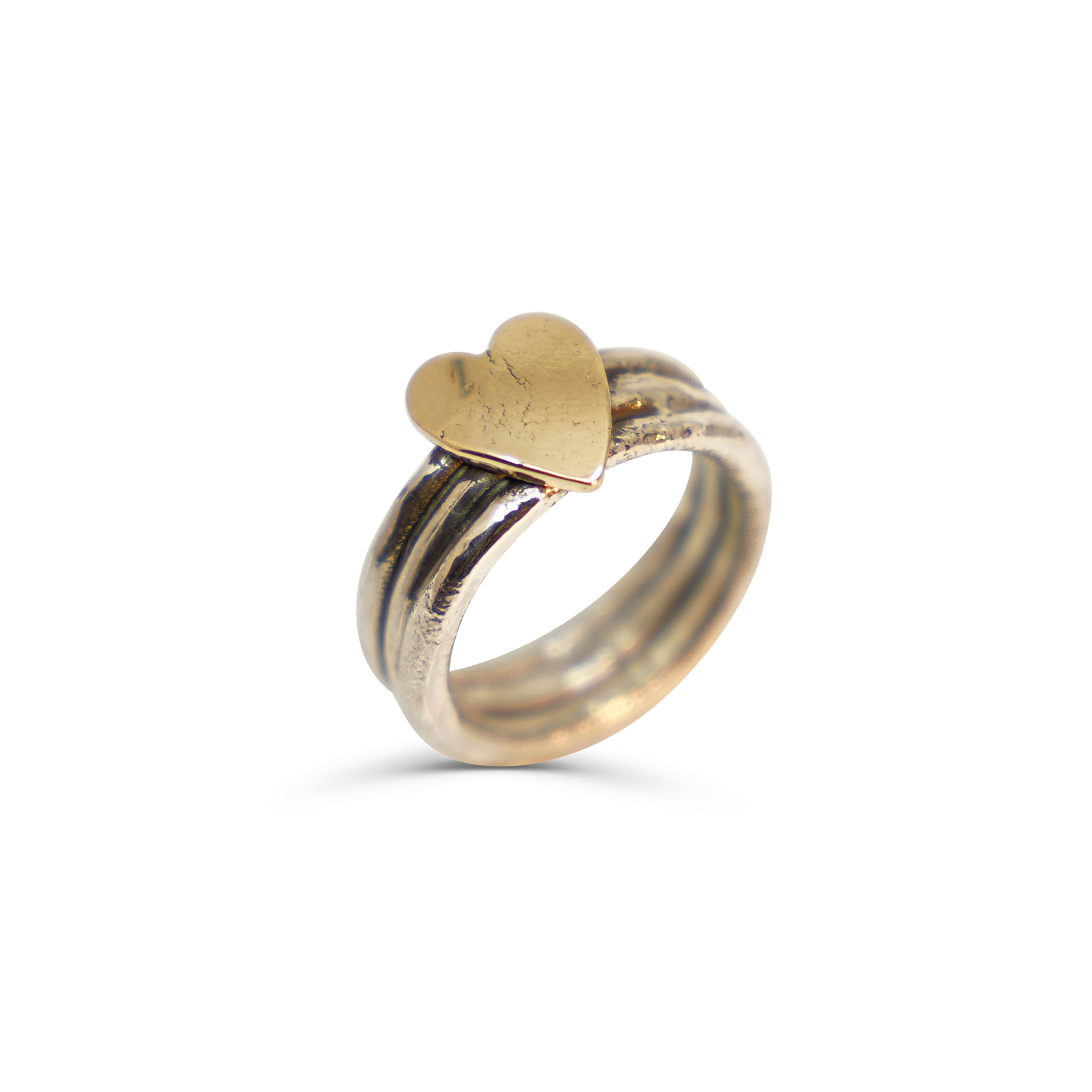 SET VAN 3 ZILVEREN RUWE RINGEN MET GOUDEN HARTJE