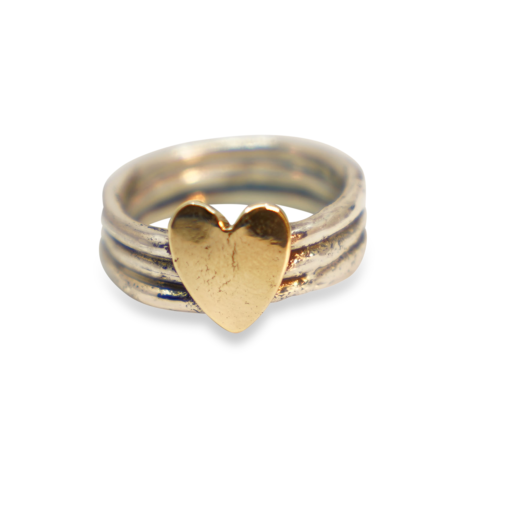 SET VAN 3 ZILVEREN RUWE RINGEN MET GOUDEN HARTJE