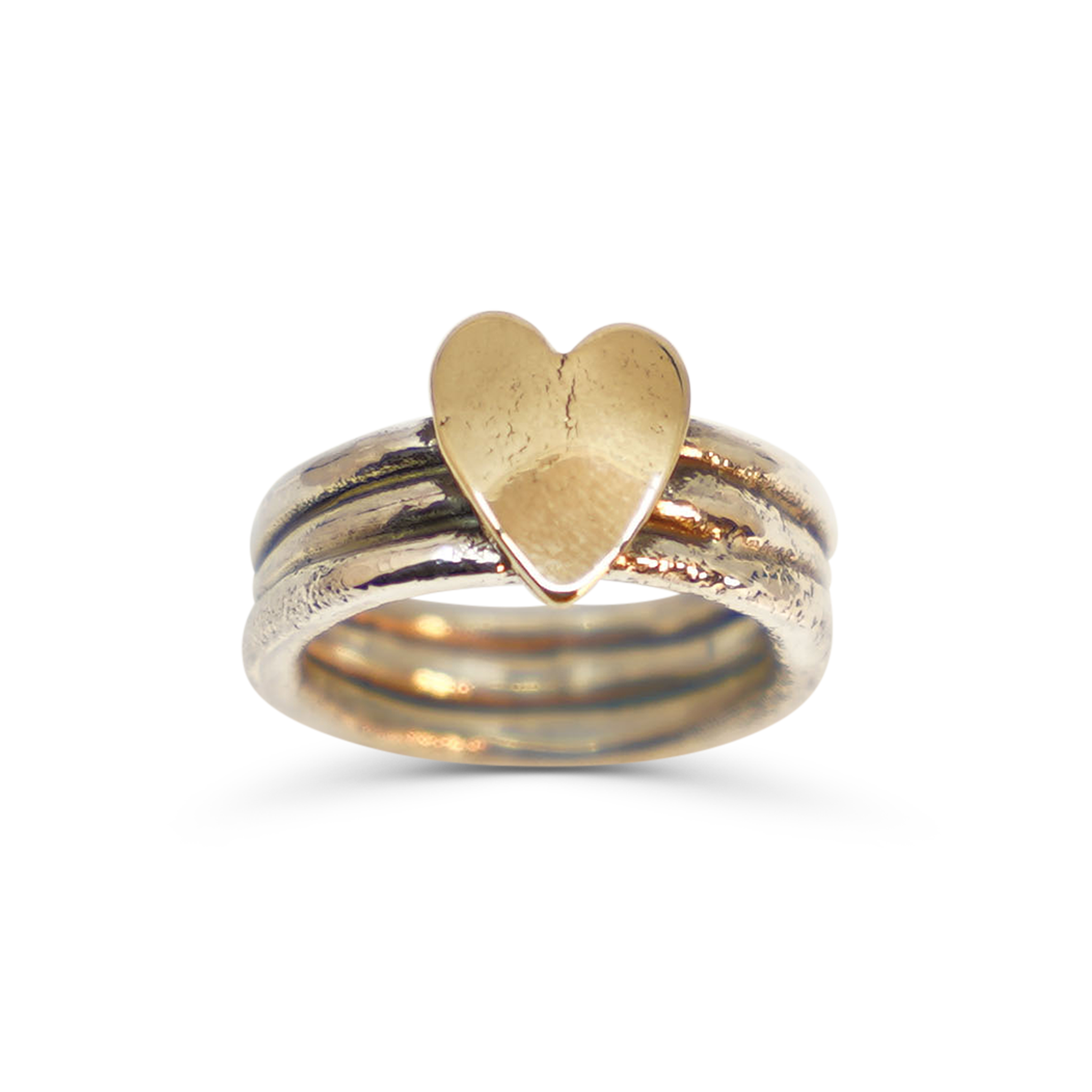 SET VAN 3 ZILVEREN RUWE RINGEN MET GOUDEN HARTJE