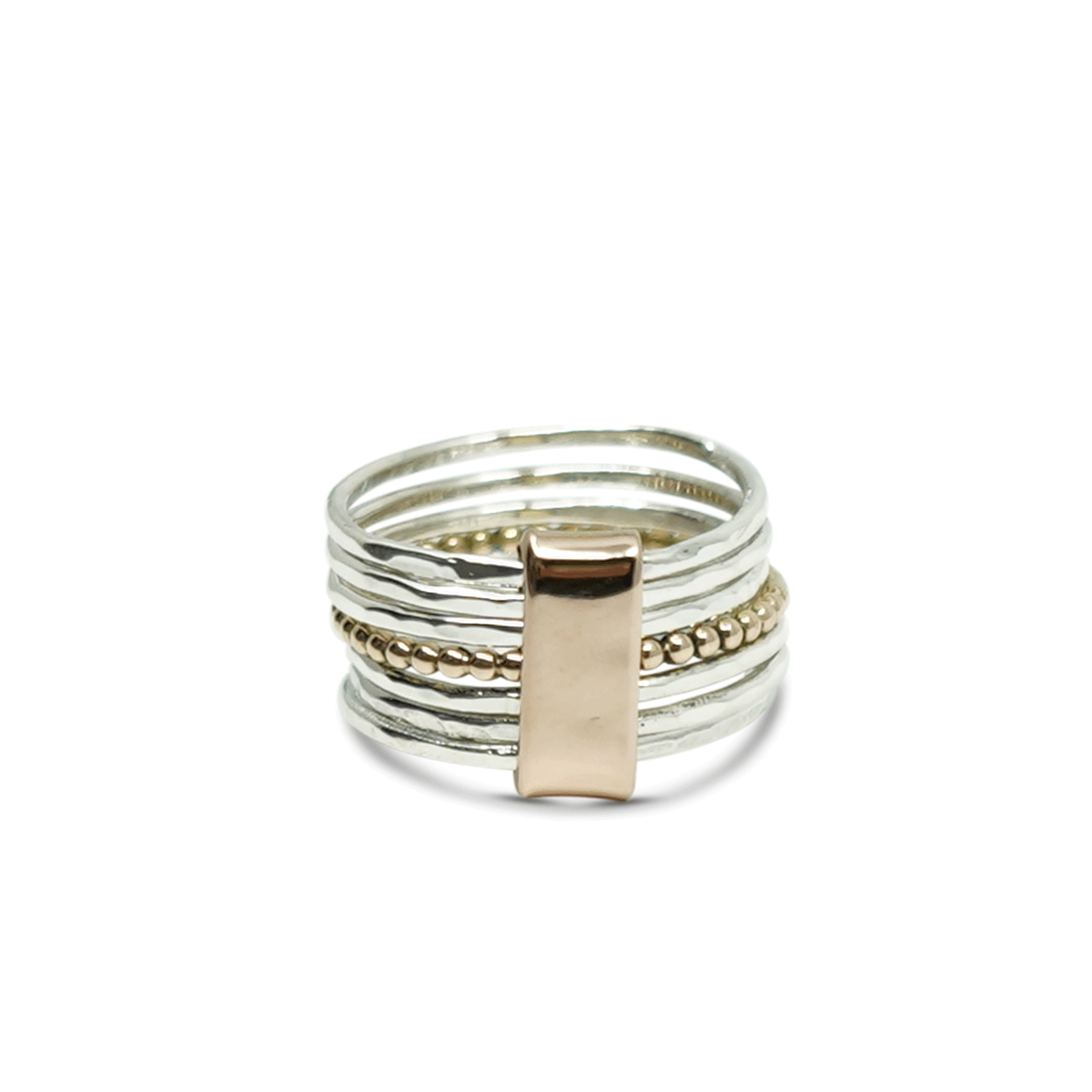 KLASSIEKE BREDE RING VAN ZILVER MET ROSE GOUD EN GEEL GOUD
