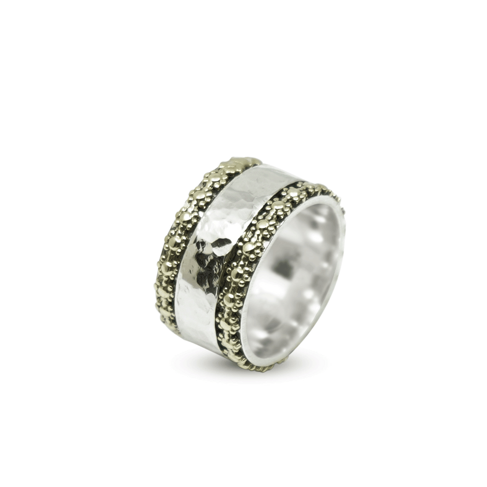 STOERE BREDE ZILVEREN RING MET GOUDEN BLOEMETJES