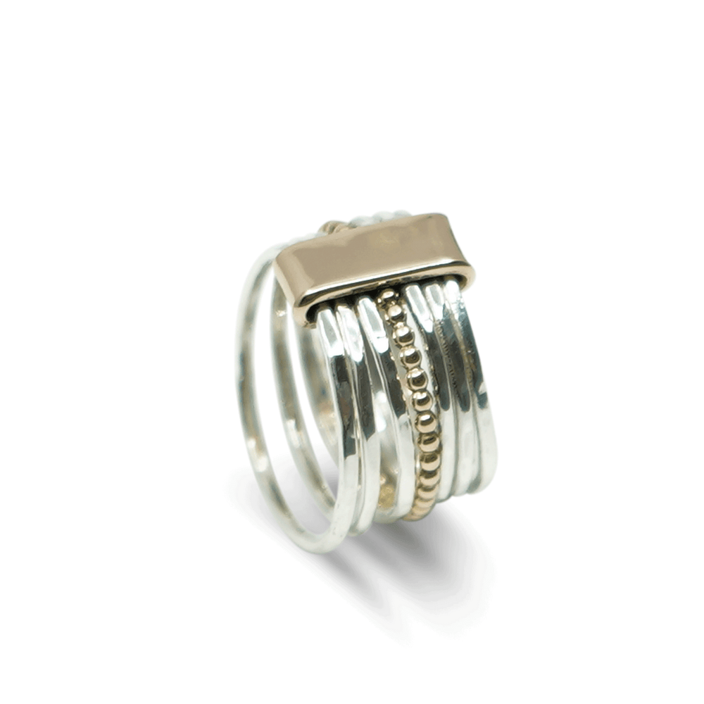 KLASSIEKE BREDE RING VAN ZILVER MET ROSE GOUD EN GEEL GOUD