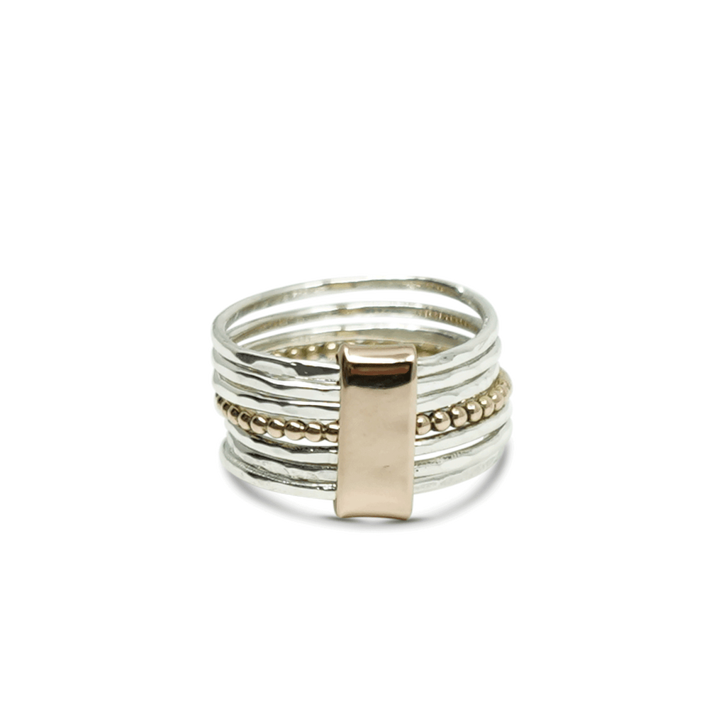 KLASSIEKE BREDE RING VAN ZILVER MET ROSE GOUD EN GEEL GOUD