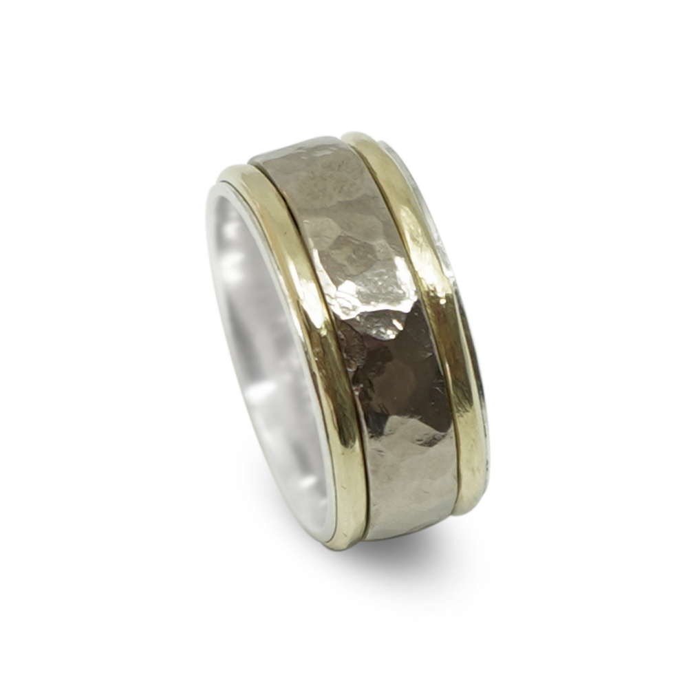STRAKKE ZILVEREN MANNENRING MET WIT GOUD EN GEEL GOUD